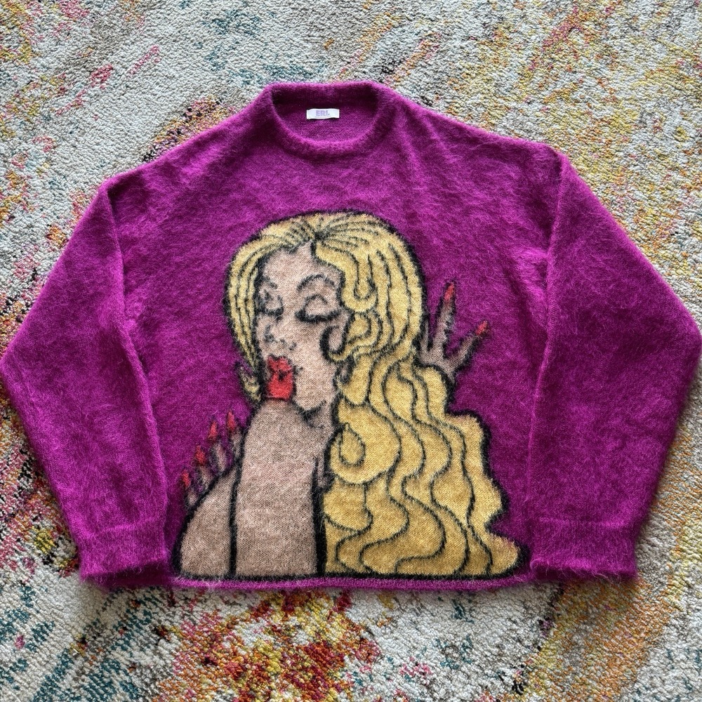 ERL Pink Mohair Blend Intarsia Graphic Sweater Size Large Italy